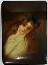 Шкатулка винтажная "Девочка с голубой лентой ,Федоскино ,( авторская подпись Букалова, 1960-е г) - Biblion.shop 