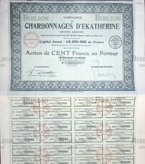 Акция Екатерининские угольные шахты в 100 франков (1910 г) - Biblion.shop 
