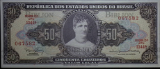 Банкнота  50 крузейро , Бразилия (1966-67гг) Надпечатка 5 сентаво  - Biblion.shop 